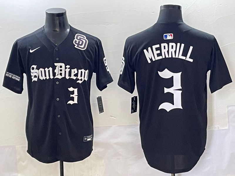 Men 2025 San Diego Padres #3 Merrill Black Five generations Joint Name Nike MLB Jersey style 10